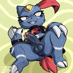 2_fingers 2_toes anthro anus balls biped black_bottomwear black_clothing black_eyebrows black_nose black_shirt black_skirt black_thong black_topwear black_underwear blue_anus blue_balls blue_body blue_fur blue_penis bodily_fluids bottomwear claw_fingers claws clothed clothed_anthro clothed_male clothing clothing_aside crossdressing dripping erection eyebrows eyelashes feet fingers forehead_gem fully_clothed fully_clothed_anthro fully_clothed_male fur gem genital_fluids genitals glans glistening glistening_balls glistening_clothing glistening_eyes glistening_genitalia glistening_glans glistening_penis glistening_underwear hand_on_knee hand_on_leg hand_on_own_knee hand_on_own_leg holding_object holding_pokeball humanoid_genitalia humanoid_penis leg_markings long_sleeve_shirt long_sleeves looking_at_viewer male male_anthro markings mismatched_genitalia mismatched_humanoid_penis mismatched_penis navel nipple_outline penis pink_glans pokeball precum precum_drip print_clothing print_shirt print_topwear print_underwear red_eyes red_tail shaft_divide sharp_teeth shirt skirt smile smiling_at_viewer solo spread_legs spreading tail teeth text thong thong_aside toe_claws toes topwear underwear underwear_aside white_markings yellow_gem sharkysocks nintendo pokemon team_rocket generation_2_pokemon pokemon_(species) sneasel 1:1 2026 artist_name digital_media_(artwork) hi_res