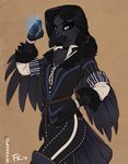 2019 anthro anthrofied avian beak bird black_body black_feathers black_hair breasts brown_background cel_shading chest_tuft clothed clothing conditional_dnp corvid corvus_(genus) digital_media_(artwork) feathered_arms feathers female fluff-kevlar hair hand_on_hip jewelry looking_at_viewer magic medieval_clothing necklace non-mammal_breasts oscine passerine purple_eyes raven shaded simple_background solo tail tail_feathers the_witcher tuft yennefer_of_vengerberg
