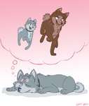 2010 akita akita_inu ambiguous_gender black_nose brown_body brown_fur canid canine canis digital_drawing_(artwork) digital_media_(artwork) domestic_dog duo eye_contact father_(lore) father_and_child_(lore) father_and_son_(lore) feral fluffy fur gin_(ginga) ginga_(series) gradient_background graystripe64 grey_body grey_fur hi_res looking_at_another lying male_(lore) mammal open_mouth open_smile parent_(lore) parent_and_child_(lore) parent_and_son_(lore) quadruped riki_(ginga) running scar shadow simple_background sleeping smile son_(lore) spitz tail thought_bubble young young_feral