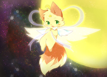 anthro female flying fur green_eyes kemono open_mouth open_smile orange_body orange_fur smile solo sun yellow_body yellow_fur deaic canid canine fox mammal hi_res