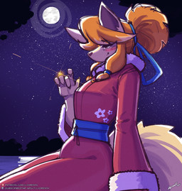 accessory anthro blush clothing eyebrows female hair hair_accessory hair_bun moon night orange_hair outside sitting solo tan_body lyorenth-the-dragon undertale_(series) undertale_yellow ceroba_ketsukane canid canine fox mammal 2026 hi_res