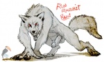 all_fours anthro balls erection fur male open_mouth penis red_eyes simple_background solo teeth text white_body white_fur tevionbee canid canine canis mammal wolf 2013 english_text