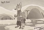 2020 3_toes 4_fingers aar0njay anthro canid canine clothing container countershading cup detailed_background disney duo eyes_closed feet female fingers fox fur holding_container holding_cup holding_object ice inktober jacket judy_hopps lagomorph leporid male mammal nick_wilde outside rabbit red_fox scarf signature smile toeless_legwear toes topwear true_fox zootopia