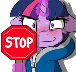 blush bodily_fluids clothed clothing conditional_dnp cosplay crossover equid equine female friendship_is_magic hair hasbro horn looking_at_viewer mammal my_little_pony mythological_creature mythological_equine mythology pudgeruffian purple_eyes purple_hair reaction_image sans_(undertale) simple_background smile solo stop_sign sweat twilight_sparkle_(mlp) undertale undertale_(series) unicorn white_background