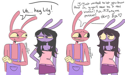 anthro bigotry black_hair bottomwear bra_strap clothing duo female flat_chested hair heart_after_text heart_symbol long_hair male miniskirt overalls pink_body pupils purple_body red_body simple_background skirt slit_pupils stuttering suicide_baiting text topwear transphobia transphobic_slur tube_top two_panel_image vulgar white_background stragic_tea glitch_productions the_amazing_digital_circus evil_jax_(tadc) gooseworx's_post-transition_jax_design jax_(tadc) digital_creature lagomorph leporid mammal rabbit 5:3 comic english_text hi_res trans_(lore) trans_woman_(lore)