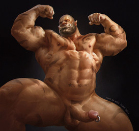 abs areola arm_tattoo balls barazoku biceps big_penis black_background brown_areola brown_nipples chest_tattoo erection facial_piercing fist five_o'clock_shadow flexing flexing_bicep flexing_both_biceps front_view genital_piercing genitals glans huge_penis humanoid_genitalia humanoid_penis leg_tattoo male muscular muscular_humanoid muscular_male navel nipples nose_piercing nose_ring not_furry nude orange_balls orange_body orange_penis orange_skin pecs penis penis_piercing piercing pink_glans pose prince_albert_piercing ring_piercing septum_piercing septum_ring serratus simple_background solo tattoo tusks vein veiny_muscles 6suan blizzard_entertainment warcraft garrosh_hellscream humanoid orc 2022 hi_res portrait signature three-quarter_portrait