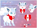 blush canada cute_fangs fangs feral flower happy kerchief male plant puffed_cheeks quadruped solo standing teeth text white_body thatphatbun nintendo pokemon alex_snowfox fan_character alolan_form alolan_vulpix canid canine fox generation_7_pokemon mammal pokemon_(species) regional_form_(pokemon) english_text hi_res model_sheet