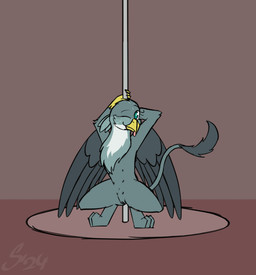 crouching dancing female feral genitals pole pole_dancing solo spread_wings stripper_pole teats vulva wings sombird friendship_is_magic hasbro my_little_pony mythology gabby_(mlp) avian gryphon mythological_avian mythological_creature animated
