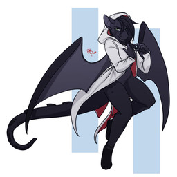 anthro black_body black_hair black_scales claws clothed clothing female green_eyes hair jacket looking_at_viewer membrane_(anatomy) membranous_wings open_clothing open_jacket open_topwear purple_body purple_scales scales simple_background smile solo tail teeth topwear white_background white_clothing white_jacket white_topwear wings redpixie mythology dragon mythological_creature mythological_scalie scalie 1:1 hi_res