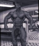 abs anthro bar biceps floor foreskin genitals male muscle_tone muscular muscular_anthro muscular_male muscular_thighs partially_retracted_foreskin penis solo tile tile_floor vein veiny_penis ahundred canid canine canis domestic_dog great_dane mammal mastiff molosser hi_res monochrome