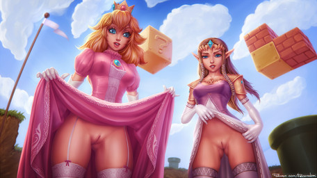 armwear blonde_hair blue_eyes breasts butt butt_from_the_front clothed clothing clothing_lift crown dress dress_lift duo elbow_gloves female female_human female_humanoid fully_clothed garter_straps genitals gloves hair handwear headgear humanoid_pointy_ears innie_vulva legwear low-angle_view no_underwear not_furry outside pink_clothing pink_dress pointy_ears presenting presenting_vulva stockings thigh_highs vulva personalami mario_bros nintendo the_legend_of_zelda twilight_princess princess_peach princess_zelda human humanoid hylian mammal 2017 crossover hi_res