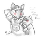 anthro blush bodily_fluids clothing duo hug male overalls shirt simple_background sweat text topwear white_background gerardson disney zootopia gideon_grey travis_(zootopia) black-footed_ferret canid canine fox mammal mustelid musteline red_fox true_fox true_musteline weasel 2016 english_text