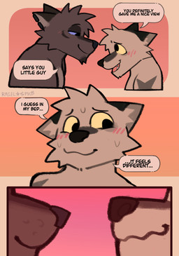 3_panel_comic anthro arm_markings blue_sclera blush blush_lines bodily_fluids brown_body dialogue duo ear_piercing eye_contact looking_at_another male markings nervous nervous_smile nervous_sweat piercing shoulder_markings smile speech_bubble star_(marking) sweat text yellow_sclera rygel_spkb milo_(rygel_spkb) yoby_(rygel_spkb) canid canine canis mammal wolf artist_name comic english_text hi_res multiple_scenes