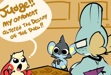 ambiguous_gender anthro dialogue female freckled_face freckles furniture group simple_background speech_bubble table text trading_card_game thefablednekos nintendo pokemon kay_(thefablednekos) generation_3_pokemon generation_4_pokemon luxio plusle pokemon_(species) 2025 digital_media_(artwork) english_text hi_res signature