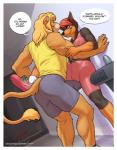 2017 anthro anthro_on_anthro biceps blonde_hair border bottomwear bra bulge camel_toe canid canine canis clothing denise_(meesh) detailed_bulge dialogue digital_media_(artwork) dobermann domestic_dog duo english_text felid female footwear genital_outline grin hair lion male male/female mammal meesh pantherine patreon penis_outline pinscher public shirt shoes shorts smile sports_bra text topwear underwear url white_border