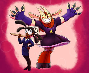 anthro claws clenched_teeth clothed clothing dress duo ear_piercing eye_contact eyewear facial_hair female fingerless_gloves fur glasses gloves goatee hair handwear holding_object holding_sign hooves horn looking_at_another mane name_tag outfit_change piercing sign smile standing suit suit_jacket teeth wide_eyed travis_fowler dungeon_flippers iranian_mythology middle_eastern_mythology mythology the_three_tomes maulie_(dungeon_flippers) tammy_harris felid human mammal manticore 2026 absurd_res hi_res
