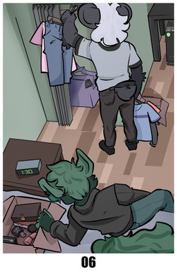 bed black_body black_bottomwear black_clothing black_ears black_fur black_jacket black_pants black_shirt black_tail black_topwear bottle bottomwear box clock closet clothing computer computer_tower container duo ear_tuft electronics fur furniture green_body green_ears green_fur green_light green_tail jacket light lock male on_bed pants shirt sitting sitting_on_bed standing tail topwear toy tuft arch3y absurd_res comic hi_res