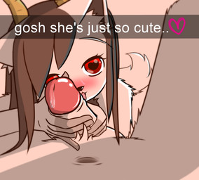 5_fingers anthro blush bodily_fluids brown_hair camera camera_view chest_tuft duo erection faceless_character faceless_male fellatio female femboy fingers foreskin fur genital_fluids genitals hair hand_on_penis heart_eyes heart_symbol horn humanoid_genitalia humanoid_penis licking male male/female navel oral penile penis penis_lick precum red_eyes retracted_foreskin sex text tongue tongue_out tuft white_body white_fur fuchsling snapchat demon domestic_cat felid feline felis mammal