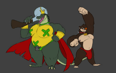 anthro bulge cape clothing collar crossgender crown detailed_bulge duo female grey_background headgear highlights_(coloring) male name_tag nipple_piercing nipples piercing simple_background smile thong tongue tongue_out tongue_piercing underwear jaspertmutt donkey_kong_(series) nintendo donkey_kong_(character) king_k._rool ape gorilla haplorhine kong mammal primate absurd_res hi_res nonbinary_(lore)
