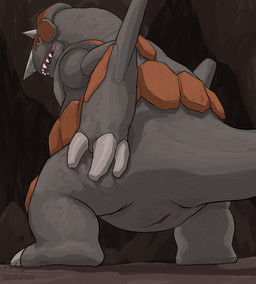 2_horns 3_claws anus butt cave claws drill_horn female feral genitals horizontal_anus horn inside looking_at_viewer looking_back low-angle_view open_mouth presenting presenting_hindquarters raised_tail rear_view red_eyes rock solo tail tail_anus tailbutt teeth thick_tail vulva wide_crotch pokegontc nintendo pokemon elemental_creature generation_4_pokemon mineral_fauna pokemon_(species) rhyperior rock_creature 2025 digital_media_(artwork) hi_res