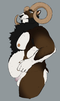 anthro balls belly black_body black_fur blue_eyes brown_body brown_fur facial_hair facial_piercing flaccid foreskin fur genitals grey_background holding_belly horn humanoid_genitalia humanoid_penis male male_anthro nipples nose_piercing nose_ring nude nude_anthro nude_male overweight overweight_anthro overweight_male penis piercing pink_penis ring_piercing side_view simple_background solo standing white_body white_fur labradorszn bighorn_sheep bovid caprine mammal sheep 2022 hi_res