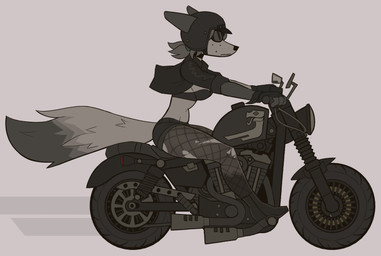 anthro armor boots choker clothed clothing dipstick_tail ears_up eyewear female fingerless_gloves footwear freckles fur gloves grey_body grey_fur hair handwear headgear helmet high_heeled_boots high_heels jacket jewelry leather leather_clothing leather_jacket leather_topwear leggings legwear logo markings midriff motorcycle necklace pigtails shoes simple_background solo sunglasses tail tail_markings topwear vehicle yitexity tinderkell glass_(tinderkell) canid mammal hi_res