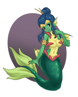 alternate_form arm_support armlet blue_hair breasts cleavage clothed clothing crown ear_fins eyelashes female fin hair hair_bun headgear monster_girl_(genre) navel solo split_form tiara azurdrw shantae_(series) wayforward shantae shantae_(mermaid_form) animal_humanoid aquatic aquatic_humanoid fish fish_humanoid humanoid merfolk hi_res