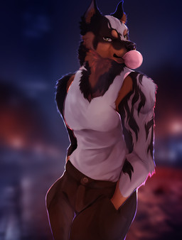 anthro backlighting black_body black_fur blurred_background bokeh bottomwear brown_bottomwear brown_clothing brown_pants bubble_gum chewing_gum city cityscape clothing eye_markings facial_markings fur green_eyes grey_body grey_fur hand_in_pocket head_markings light looking_at_viewer male markings multicolored_body multicolored_fur muscular muscular_anthro muscular_male night pants pockets shirt solo standing tan_body tan_fur tank_top topwear white_body white_clothing white_fur white_shirt white_tank_top white_topwear shyryp canid canine mammal absurd_res digital_media_(artwork) hi_res lighting shaded