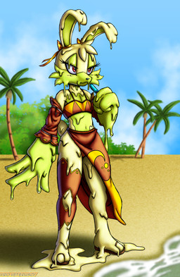 anthro beach bottomwear clothing cloud female food footwear navel palm_tree plant popsicle red_eyes sand sandals seaside shoes sky slime solo swimwear topwear tree water viroveteruscy warning_cream_filled lemon-lime_(viroveteruscy) goo_creature lagomorph leporid mammal rabbit 2026 absurd_res digital_media_(artwork) hi_res