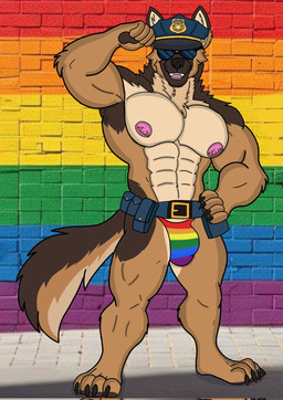 abs anthro areola barbell_piercing biped bulge clothing detailed_bulge eyewear lgbt_pride male male_anthro muscular muscular_anthro nipple_barbell nipple_piercing nipples pecs piercing plantigrade police police_belt police_hat police_officer pride_color_clothing pride_colors six-stripe_rainbow_pride_colors solo sunglasses thong underwear ivan_the_artist lgbt_pride_month canid canine canis domestic_dog german_shepherd herding_dog mammal pastoral_dog hi_res