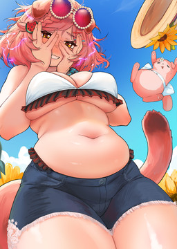 accessory belly blush bottomwear breasts clothing covering covering_face denim denim_bottomwear denim_clothing denim_shorts duo electricity embarrassed eyewear eyewear_on_head female feral hair hair_accessory navel pink_hair shorts slightly_chubby solo_focus sunglasses sunglasses_on_head wearing_sunglasses radioneet goldenglow_(arknights) animal_humanoid cat_humanoid domestic_cat felid felid_humanoid feline feline_humanoid felis humanoid mammal mammal_humanoid 2026 absurd_res hi_res
