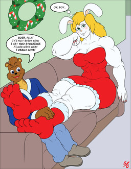 anthro blush candy candy_cane clothing dessert dialogue dressing duo female food furniture legwear male sofa speech_bubble stockings text wreath 50percentgrey ally_herman teddy_atkins bear lagomorph leporid mammal rabbit english_text hi_res