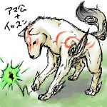 ambiguous_gender duo feral fur simple_background tail white_background white_body white_fur unknown_artist capcom clover_studio okami_(capcom) amaterasu_(okami) issun_(okami) canid canine canis deity mammal poncle wolf 1:1 digital_media_(artwork) low_res oekaki