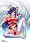 big_breasts black_hair breasts clothed clothing curvy_figure erect_nipples female hair legwear long_hair multi_tail nipples skimpy solo tail thigh_highs voluptuous yellow_eyes bokuman league_of_legends riot_games tencent ahri_(lol) animal_humanoid canid canid_humanoid canine canine_humanoid fox fox_humanoid humanoid mammal mammal_humanoid