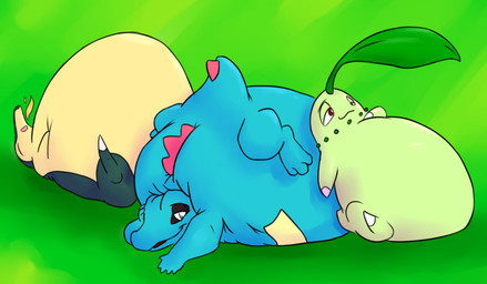 belly big_belly blue_body feral green_background group huge_belly hyper hyper_belly overweight simple_background trio saphiros nintendo pokemon chikorita cyndaquil generation_2_pokemon pokemon_(species) totodile 2009