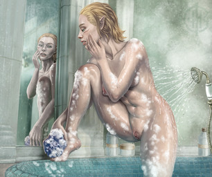areola bathing blonde_hair breasts female foam genitals green_eyes hair humanoid_genitalia humanoid_pointy_ears humanoid_vulva inside logo mirror narrowed_eyes nipples nude pointy_ears red_areola red_nipples reflection shower shower_head showering solo standing tan_body tan_skin teeth text vulva wet wet_body wet_skin himeragoldtail humanoid 2023 artist_logo artist_name detailed hi_res