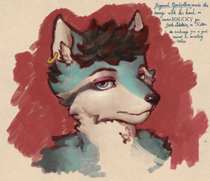 anthro black_body black_fur black_hair blue_body blue_eyes blue_fur ear_piercing ear_ring ears_up fur hair looking_at_viewer male piercing ring ring_piercing solo text white_body white_fur reynard_goodfellow headshot_portrait hi_res portrait