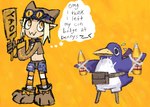 anthro clothed clothing orange_background paddle simple_background text thought_bubble yaoi_paddle cate_wurtz disgaea nippon_ichi_software thief_(disgaea) avian bird elf humanoid penguin prinny english_text hi_res