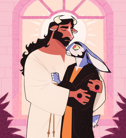2_horns anthro beard belt black_beard black_clothing black_facial_hair black_hair black_nose black_robe blood blue_body blue_ears blue_fur blue_tail bodily_fluids brown_body brown_ears brown_fur clothed clothing crying duo eyes_closed facial_hair fur grey_body grey_fur grey_tail hair hole_(anatomy) horn hug inside long_ears long_hair looking_at_another male multicolored_body multicolored_fur orange_clothing orange_robe pink_nose red_eyes religion robe scut_tail short_tail standing sun tail tears two_tone_body two_tone_fur two_tone_tail white_clothing white_horn white_robe window yellow_sclera clawzetto judas_iscariot_(film) jesus_christ judas_iscariot bovid bovine cattle lagomorph leporid mammal rabbit 2025 digital_media_(artwork) hi_res