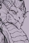 ambiguous_gender fangs feral frill_(anatomy) frill_piercing frill_ring furgonomics furry-specific_piercing head_crest head_frill horn looking_at_viewer mouth_closed piercing ridged_horn ring_piercing scales simple_background solo teeth khyaber hi_res monochrome sketch