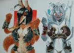 anthro armor black_body black_fur black_hair black_stripes breasts brown_body brown_fur cleavage clothed clothing duo female front_view fur grey_body grey_fur hair kemono looking_at_viewer midriff multicolored_body multicolored_fur open_mouth raised_arm red_eyes simple_background smile smirk stripes two_tone_body two_tone_fur white_body white_fur kerock-ketu kaede canid canine felid fox mammal