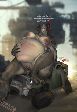 ambiguous_fluids anthro big_breasts bodily_fluids breasts clitoris female genital_fluids genitals multi_breast nipples non-mammal_breasts nude pregnant pregnant_anthro pregnant_female text vaginal_fluids vulva somniferous somniferrite fallout microsoft deathclaw scalie english_text hi_res