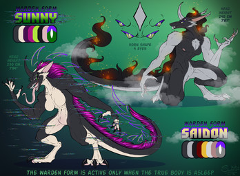 abs anthro claws duo equis_universe fangs female fog glitch horn male muscular open_mouth smoldering teeth tongue transformation sunny_way steven_saidon sunny_way_(character) monster hi_res model_sheet