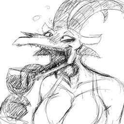 alcohol anthro beverage big_breasts blush breasts cleavage clothed clothing drinking drunk female glass horn huge_breasts open_mouth sharp_teeth solo substance_intoxication teeth tongue tongue_out wine hladilnik lucy_(hladilnik) demon 1:1 black_and_white hi_res monochrome