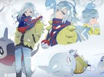 2022 altaria ambiguous_gender beak black_clothing black_eyes black_topwear blue_bottomwear blue_clothing blue_hair blue_pants blue_scarf bottomwear cetoddle clothed clothing feral fully_clothed generation_3_pokemon generation_8_pokemon generation_9_pokemon group grusha_(pokemon) hair hand_in_pocket human larger_human mammal multicolored_scarf nintendo open_beak open_mouth pants pockets pokemon pokemon_(species) pupils red_scarf scarf sdurorhr size_difference smaller_ambiguous smaller_feral snom swablu topwear white_body white_pupils yellow_clothing yellow_topwear
