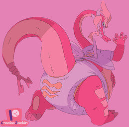 4_toes anthro belly big_belly biped clean_diaper clothed clothing diaper feet horn long_neck male overweight rear_view red_body simple_background solo tail text toes wearing_diaper wings crackajackin mythology nintendo the_legend_of_zelda wind_waker valoo dragon mythological_creature mythological_scalie scalie 2020 digital_media_(artwork)