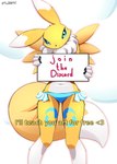 absurd_res advertisement ando anthro bandai_namco belly bikini canid canine clothing digimon digimon_(species) english_text female fur hi_res holding_object holding_sign looking_at_viewer mammal renamon sign solo swimwear text white_belly white_body white_fur yellow_body yellow_fur