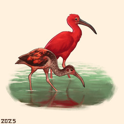 beak black_beak black_eyes brown_body brown_feathers duo feathers feral grey_body grey_feathers long_legs multicolored_body multicolored_feathers partially_submerged pink_body pink_feathers red_body red_feathers simple_background water white_background alexpahomov avian bird ibis pelecaniform scarlet_ibis threskiornithid 1:1 2025 digital_media_(artwork) digital_painting_(artwork) painting_(artwork)