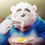 anthro biped black_nose blush clothing eating eyes_closed food fur hoodie humanoid_hands kemono male slightly_chubby solo topwear white_body white_fur n_gata21 bear mammal 1:1 2022