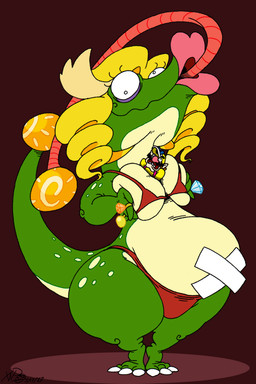 anthro big_breasts breast_squish breasts clothed clothing diamond_ring duo female larger_female long_tongue male male/female navel_bandage size_difference smaller_male squish swimwear tongue two-piece_swimsuit wide_hips xanderdwulfe mario_bros nintendo wario_world dinomighty wario dinosaur humanoid prehistoric_species reptile scalie